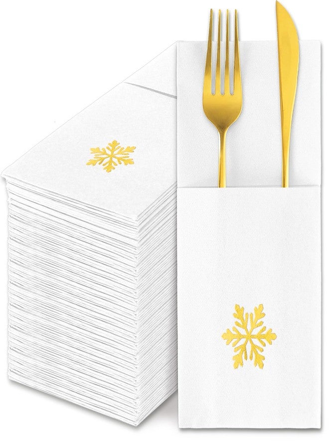 JarThenaAMCS 50 Pcs Christmas Linen Feel Napkin Snowflake Gold Foil Disposable Airlaid Paper Napkin White Prefolded Dinner Napkins with Built-in Flatware Pocket for Winter Holiday Party Supplies - Image 1
